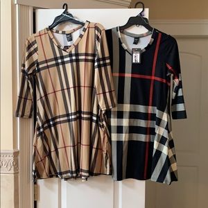 Lot of 2 Burberry style plaid tunics size S/M NWT